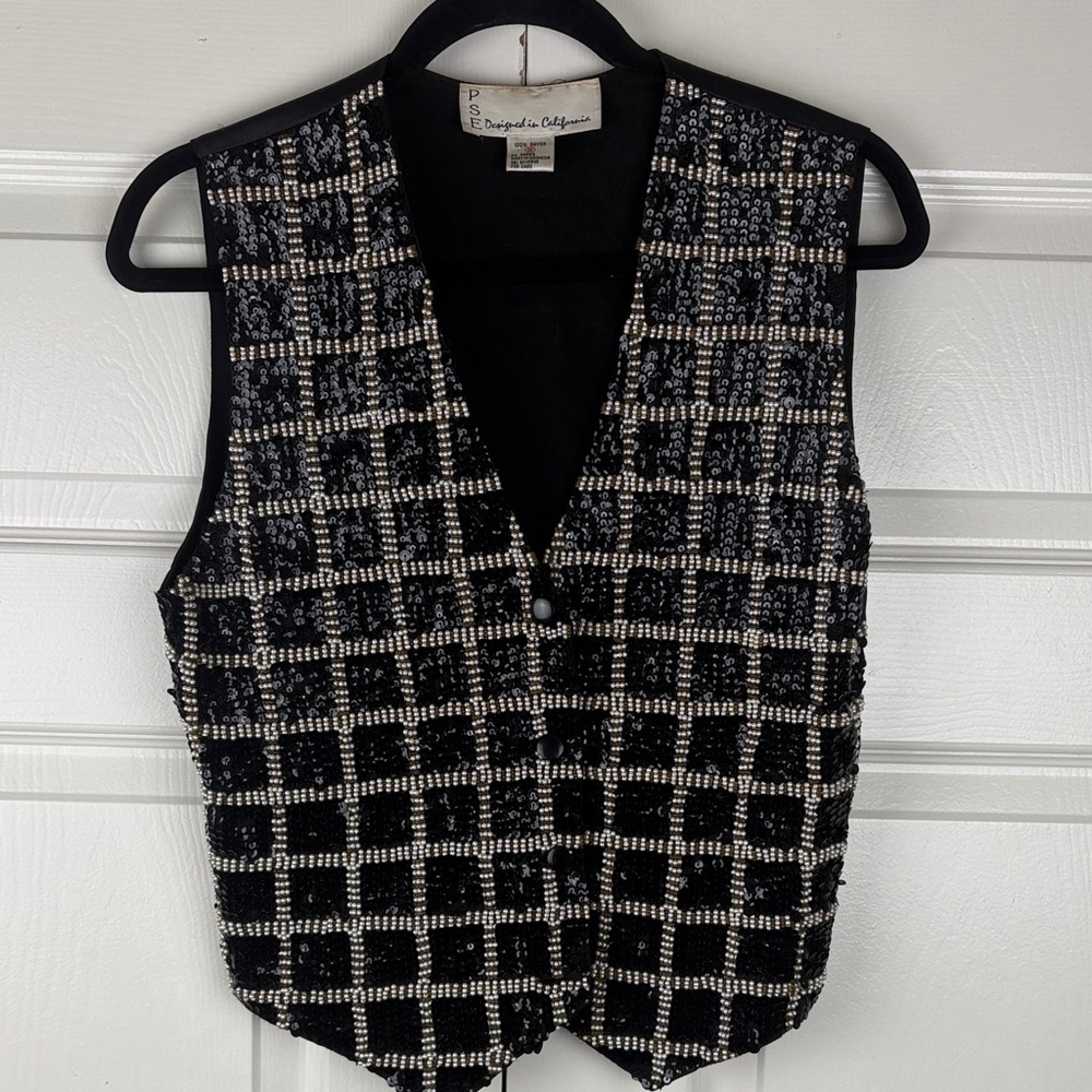 Vintage PSE Designed in California Beaded Sequin Vest Black Pearl 80s 90s Small